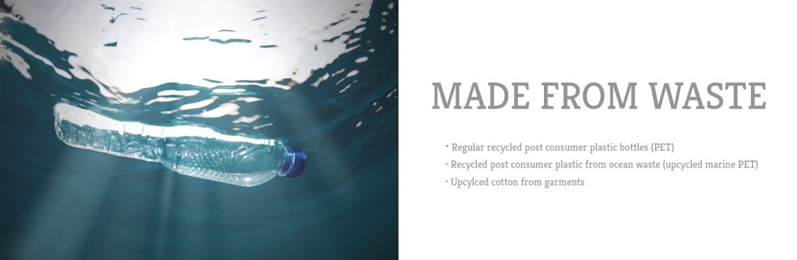 MADE FROM WASTE  Regular recycled post consumer plastic bottles (PET)  Recycled post consumer plastic from ocean waste (upcycled marine PET)  Upcylced cotton from garments