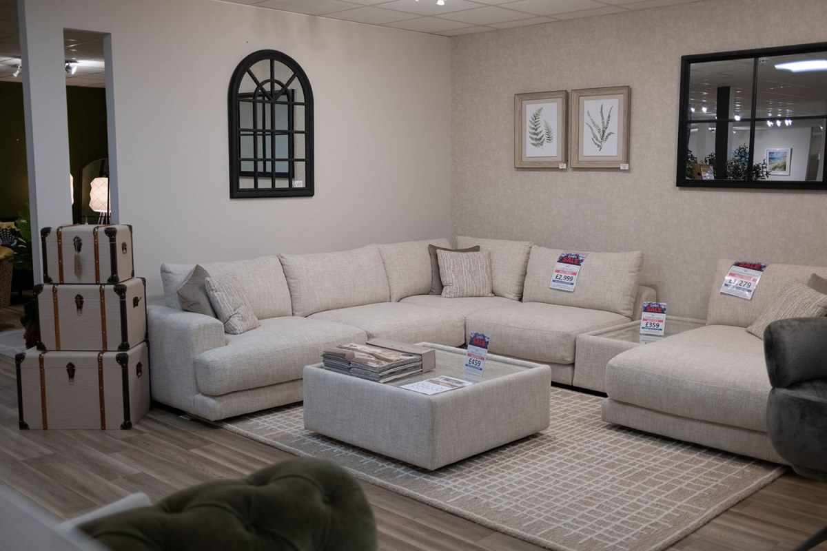 Niki Fabric Modular Large Corner Sofa Group with Chaise End and Glass Table Niki Fabric Modular Large Corner Sofa Group with Chaise End and Glass Table