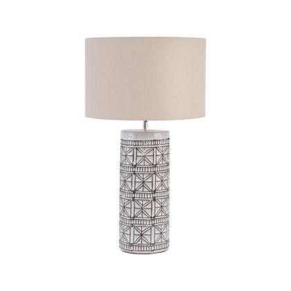Brown Porcelain Table Lamp with Geo & Natural Shade Brown Porcelain Table Lamp with Geo & Natural Shade
