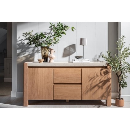 Arlo Natural Oak Wide Sideboard with Travertine Ceramic Top