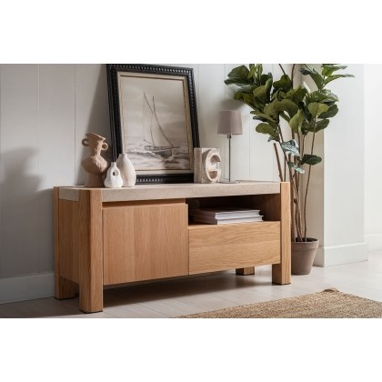 Arlo Natural Oak TV Unit with Travertine Ceramic Top Arlo Natural Oak TV Unit with Travertine Ceramic Top