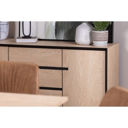 Jaxon Wide Sideboard with HPL Oak Finish & Black Metal Frame