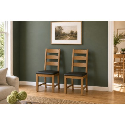 Salisbury Waxed Premium Oak Slatted Dining Chair With Pu Seat (Pair) - Self Assembly
