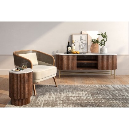 Harvard Reeded Mango Wood Large Media TV Stand with Marble Top