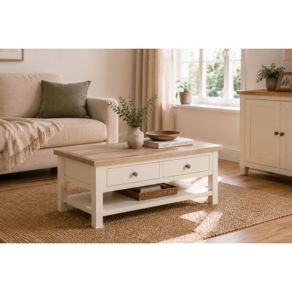 Modern Country Painted Oak Coconut White Coffee Table with Shelf Modern Country Painted Oak Coconut White Coffee Table with Shelf