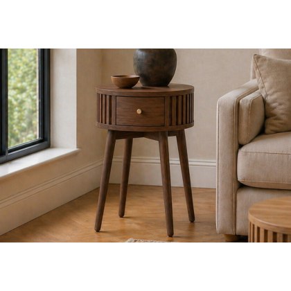 Soho Brown Oak Slatted Round Side Table Soho Brown Oak Slatted Round Side Table