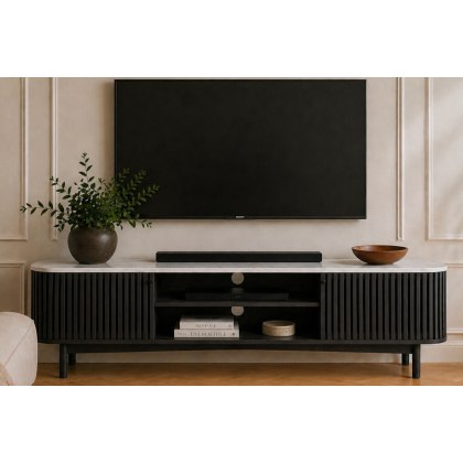 Soho Black Oak Slatted Large TV Unit with Marble Top