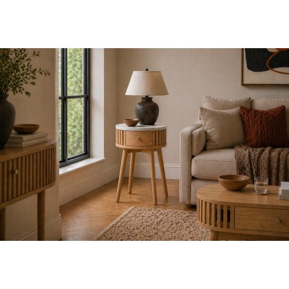 Soho Natural Oak Slatted Round Side Table with Marble Top Soho Natural Oak Slatted Round Side Table with Marble Top