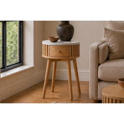 Soho Natural Oak Slatted Round Side Table with Marble Top Soho Natural Oak Slatted Round Side Table with Marble Top