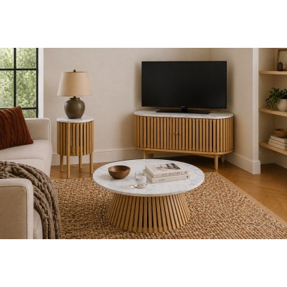 Soho Natural Oak Slatted Story Side Table with Marble Top Soho Natural Oak Slatted Story Side Table with Marble Top