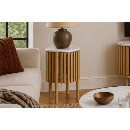 Soho Natural Oak Slatted Story Side Table with Marble Top Soho Natural Oak Slatted Story Side Table with Marble Top