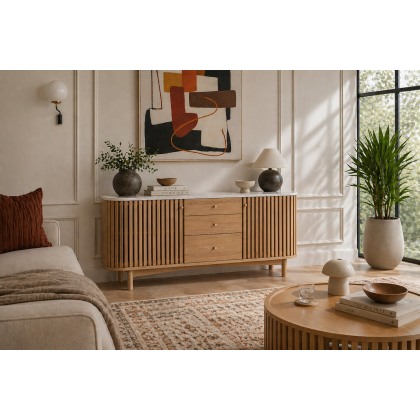 Soho Natural Oak Slatted Sideboard with Drawers & Marble Top Soho Natural Oak Slatted Sideboard with Drawers & Marble Top