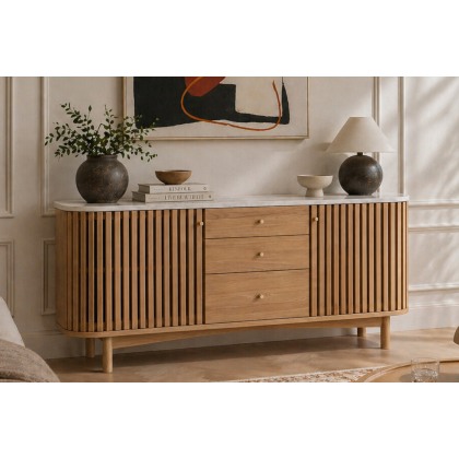 Soho Natural Oak Slatted Sideboard with Drawers & Marble Top Soho Natural Oak Slatted Sideboard with Drawers & Marble Top