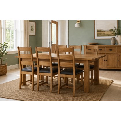 Salisbury Waxed Premium Oak Large Ext Dining Table Set + 6 Slat Back PU Chairs