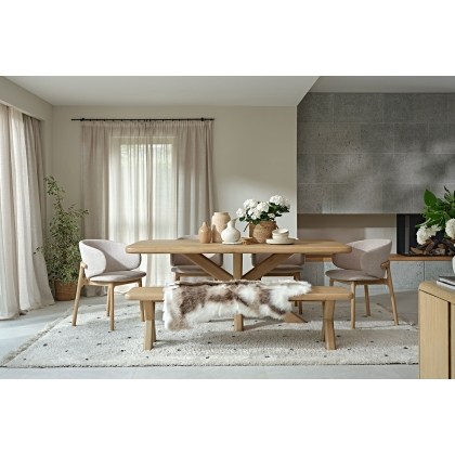 Flynn Natural Oak 240cm Star Base Dining Table Set Inc 220cm Bench & 4 Noah Chairs