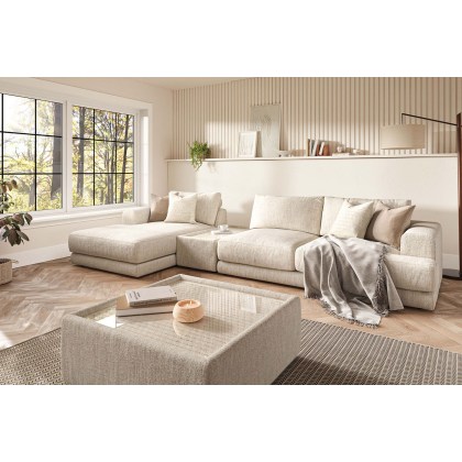 Niki Fabric Modular Sofa Group with Chaise End and Glass Table