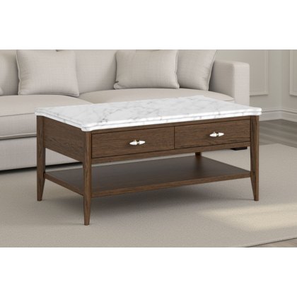 Florence Walnut Stained Oak Storage Coffee Table with Marble Top Florence Walnut Stained Oak Storage Coffee Table with Marble Top
