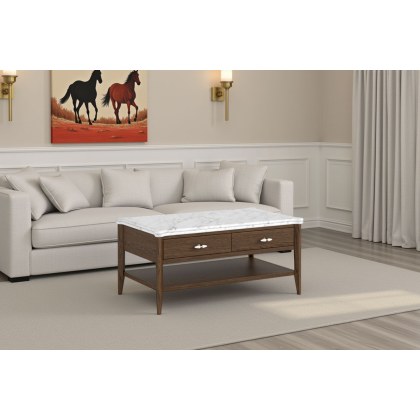 Florence Walnut Stained Oak Storage Coffee Table with Marble Top Florence Walnut Stained Oak Storage Coffee Table with Marble Top