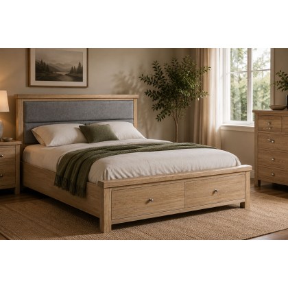 Normandy White Wash Storage Bedframe with Grey Fabric Headboard
