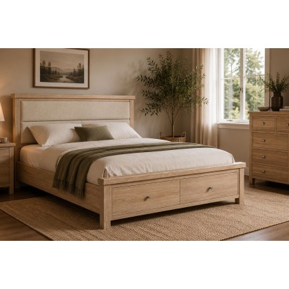 Normandy White Wash Storage Bedframe with Cream Herringbone Headboard