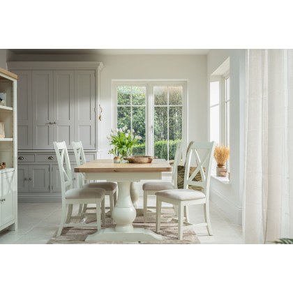 Burford Painted Oak 160-200cm Ext Pedestal Dining Table Set + 4 X-Back Chairs Burford Painted Oak 160-200cm Ext Pedestal Dining Table Set + 4 X-Back Chairs