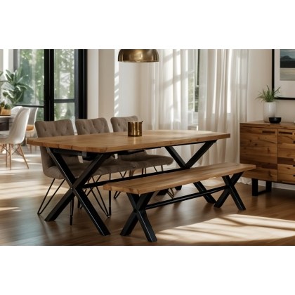 Forge Industrial 190 Dining Table Set with 180cm Bench & 4 Grey Dining Chairs
