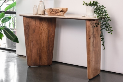 Eden Mango Wood Console Table with Travertine Tops