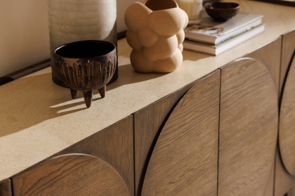 Ida Walnut Finish Wide Sideboard with Travertine Stone Top