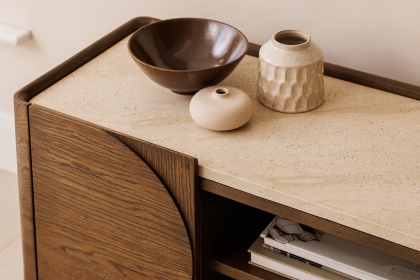 Ida Walnut Finish TV Unit with Travertine Stone Top