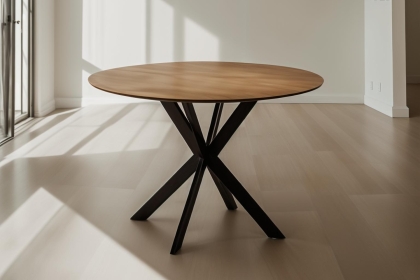 Sadie Industrial 110cm Round Dining Table in Oak Finish