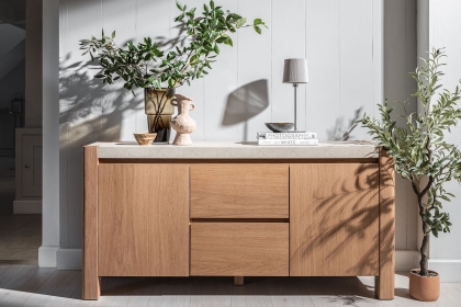 Arlo Natural Oak Wide Sideboard with Travertine Ceramic Top