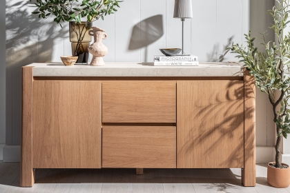 Arlo Natural Oak Wide Sideboard with Travertine Ceramic Top
