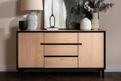 Jaxon Wide Sideboard with HPL Oak Finish & Black Metal Frame Jaxon Wide Sideboard with HPL Oak Finish & Black Metal Frame
