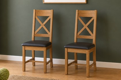 Salisbury Waxed Premium Oak Cross Back Dining Chair With Pu Seat (Pair) - Self Assembly