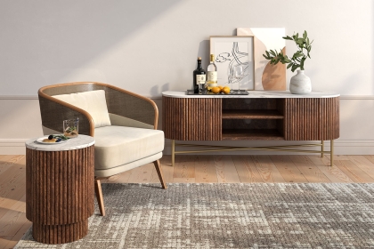 Harvard Reeded Mango Wood Storage Side Table with Marble Top