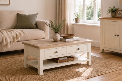 Modern Country Painted Oak Coconut White Coffee Table with Shelf Modern Country Painted Oak Coconut White Coffee Table with Shelf