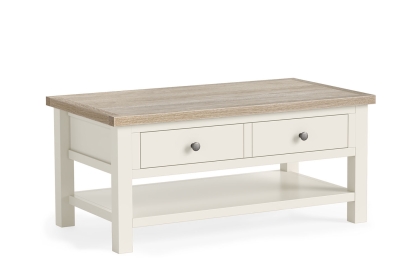 Modern Country Painted Oak Coconut White Coffee Table with Shelf