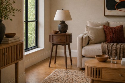Soho Brown Oak Slatted Round Side Table Soho Brown Oak Slatted Round Side Table