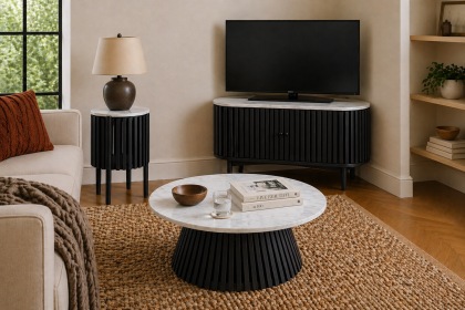 Soho Black Oak Slatted Story Side Table with Marble Top