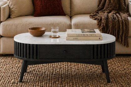 Soho Black Oak Slatted Oval Coffee Table with Marble Top