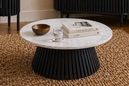 Soho Black Oak Slatted Round Coffee Table with Marble Top