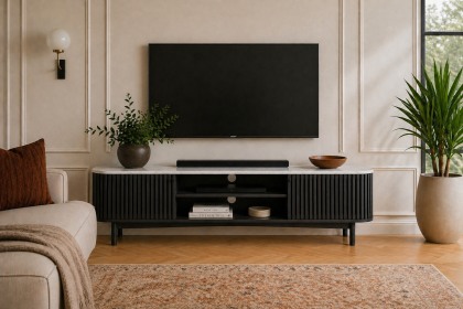 Soho Black Oak Slatted Large TV Unit with Marble Top Soho Black Oak Slatted Large TV Unit with Marble Top