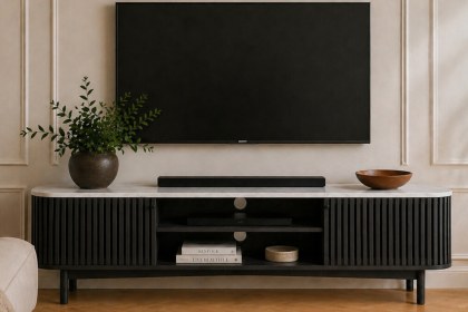 Soho Black Oak Slatted Large TV Unit with Marble Top Soho Black Oak Slatted Large TV Unit with Marble Top