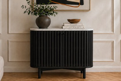 Soho Black Oak Slatted Small Sideboard with Marble Top