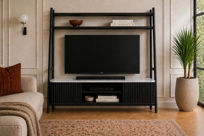 Soho Black Oak Slatted 165cm Ladder TV Unit with Marble Top