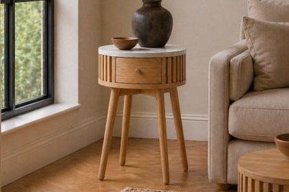 Soho Natural Oak Slatted Round Side Table with Marble Top