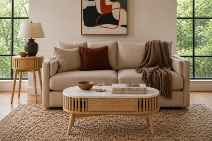 Soho Natural Oak Slatted Oval Coffee Table with Marble Top