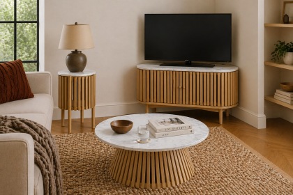Soho Natural Oak Slatted Round Coffee Table with Marble Top