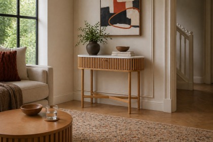 Soho Natural Oak Slatted Oval Console Table with Marble Top