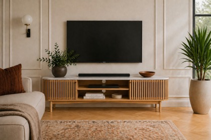 Soho Natural Oak Slatted Large TV Unit with Marble Top Soho Natural Oak Slatted Large TV Unit with Marble Top